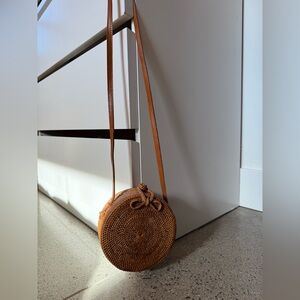 Round Tan Woven Crossbody Bag